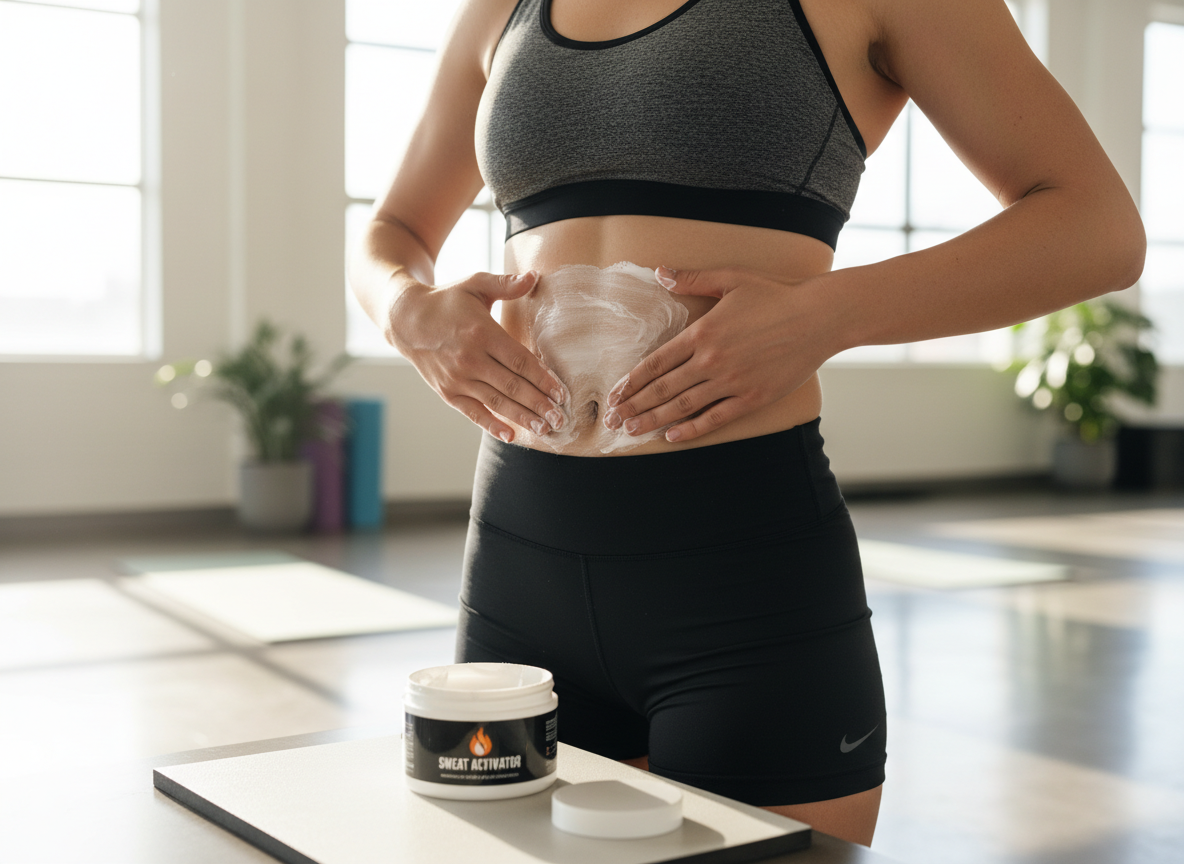 Person applying sweat cream to their abdomen before a workout