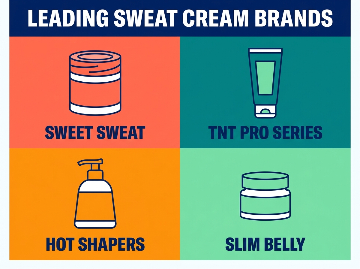 Infographic comparing leading sweat cream brands: Sweet Sweat, TNT Pro Series, Hot Shapers, Slim Belly. Each panel features a jar or tube illustration and a bold label.